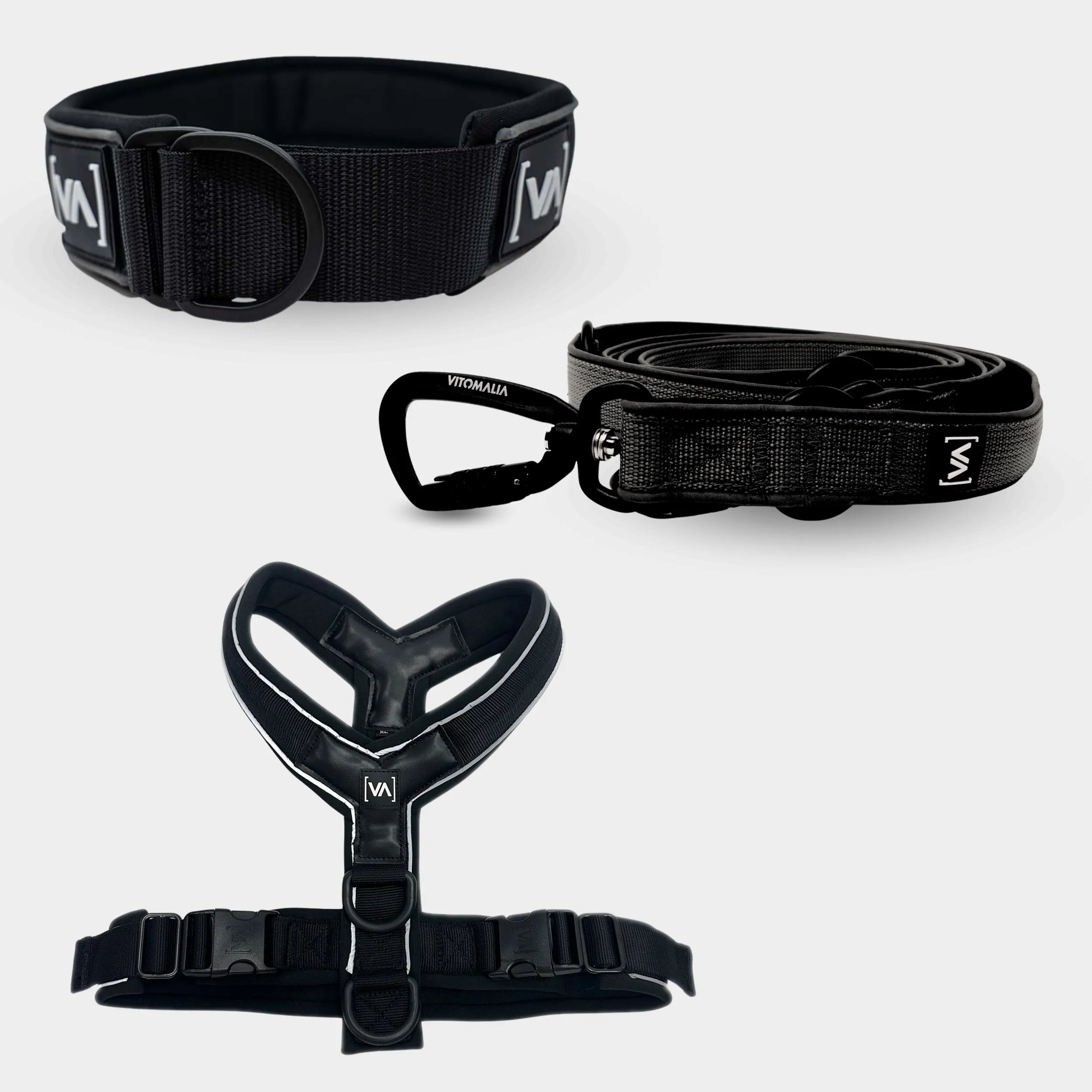 Bundle Easy Go Edition Schwarz Set - Zugstopphalsband + Y-Geschirr + 2,2m verstellbare Hundeleine