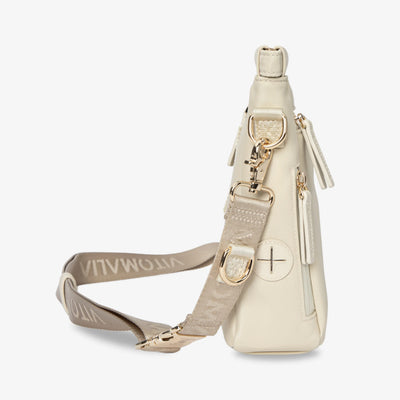 Multifunktionale Gassitasche für Hundebesitzer als Umhängetasche in Beige: Waschbare Leckerlifächer, Kotbeutelspender & Leinenbefestigung - Vitomalia - Gassitasche