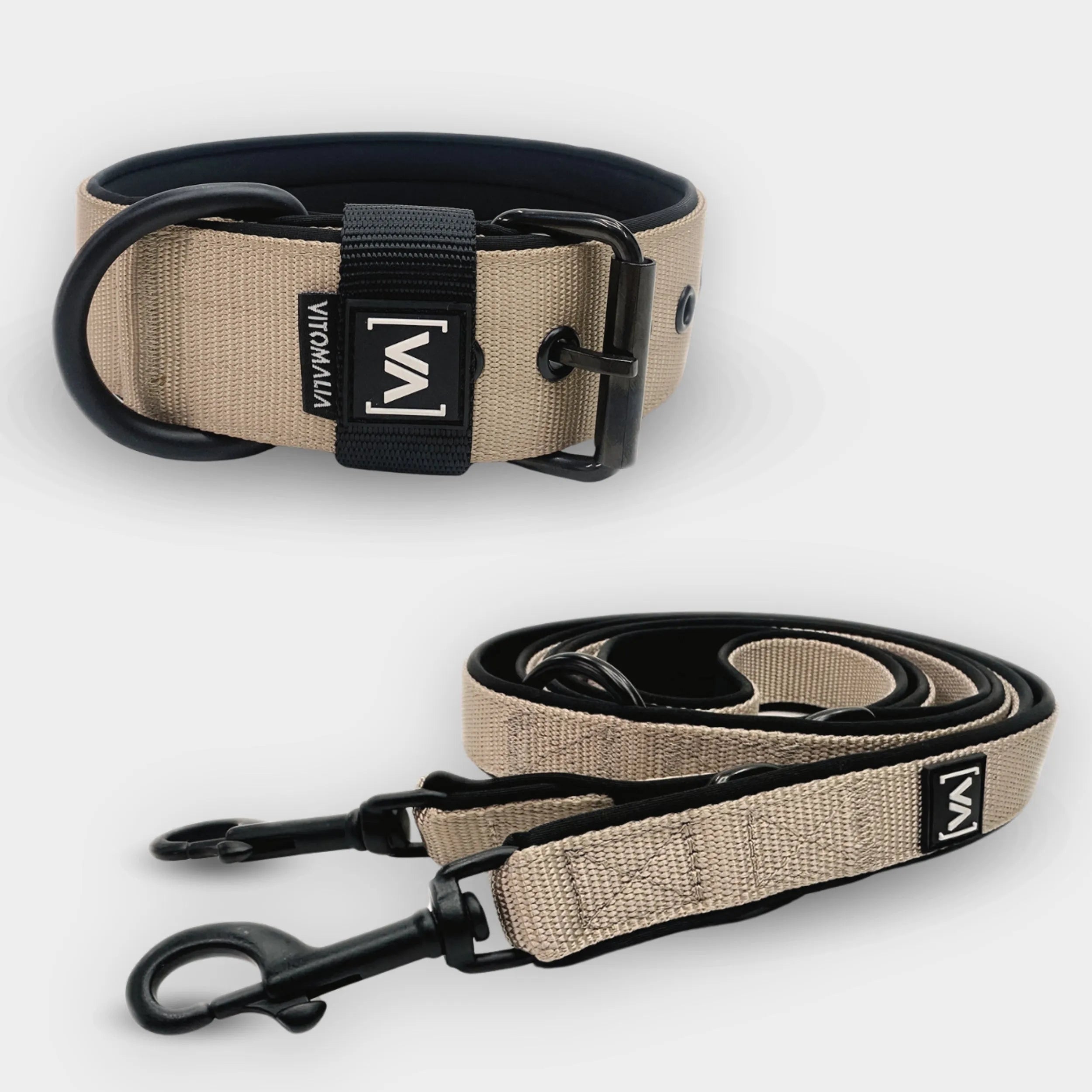 Bundle Classic Nero Edition Beige Set - Collare + Guinzaglio per cane triplo regolabile da 2,2 m Guinzaglio per cane
