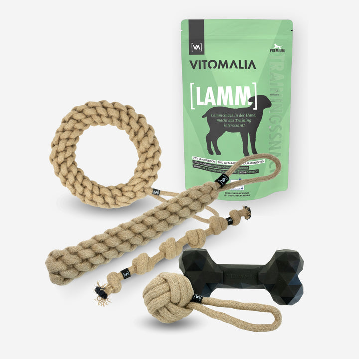 Bundle Natural Hemp Tug & Retrieve Toy + Extreme Bone & Training Treats Lamb - S