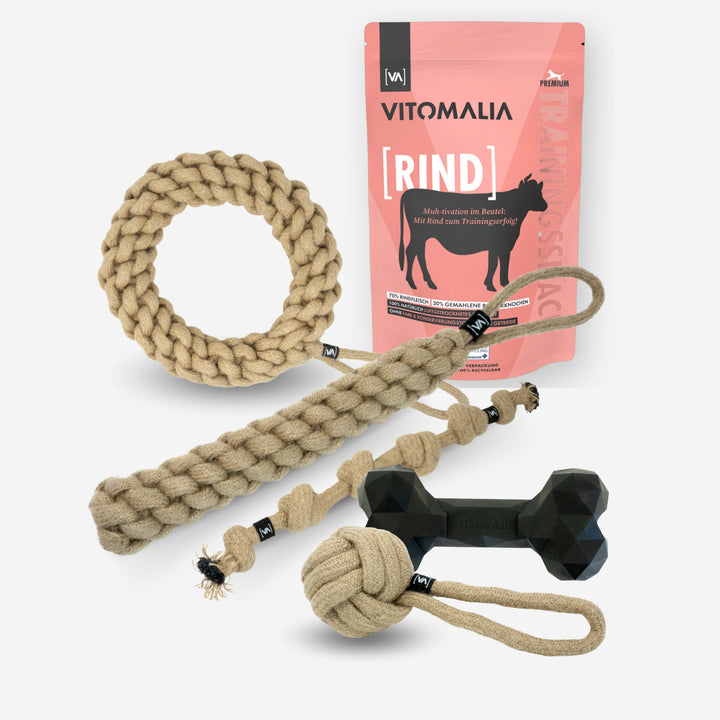 Bundle Natural Hemp Tug & Retrieve Toy + Extreme Bone & Training Treats Beef - M